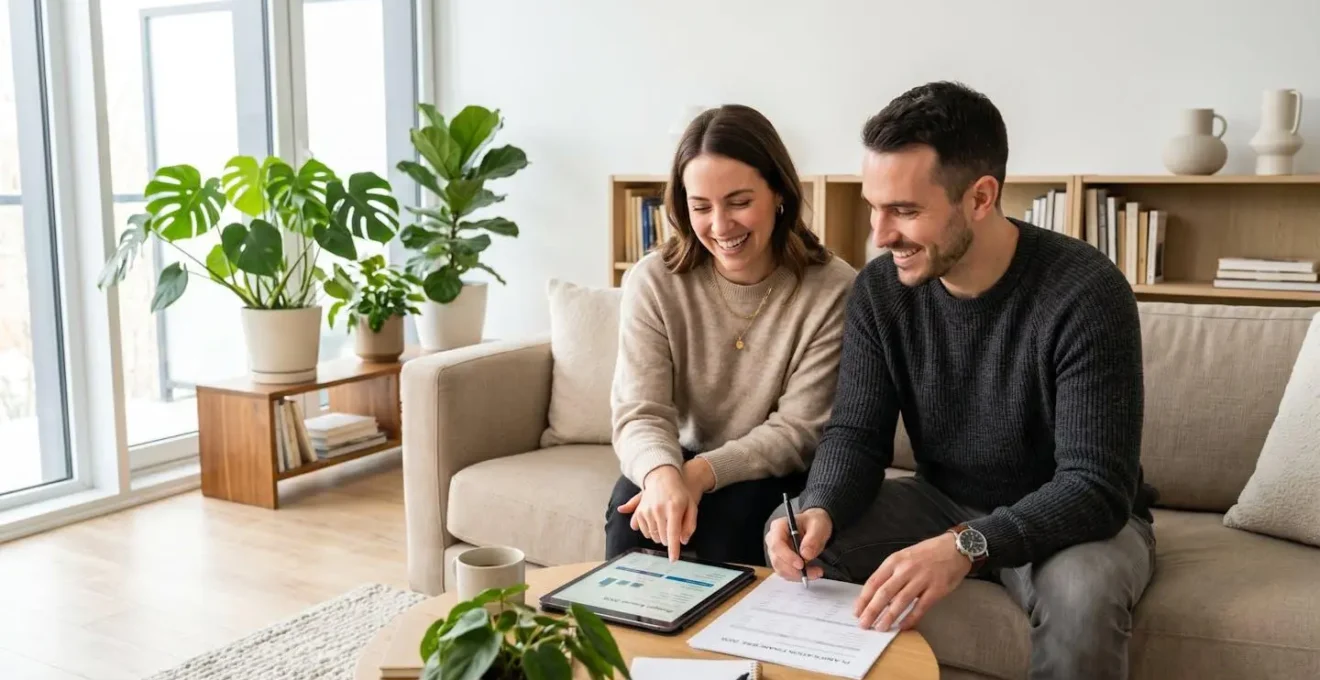Jeune couple souriant consultant des documents financiers sur une tablette dans un salon lumineux avec canapé gris et plantes vertes