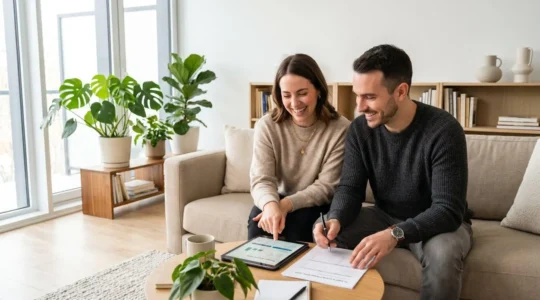 Jeune couple souriant consultant des documents financiers sur une tablette dans un salon lumineux avec canapé gris et plantes vertes