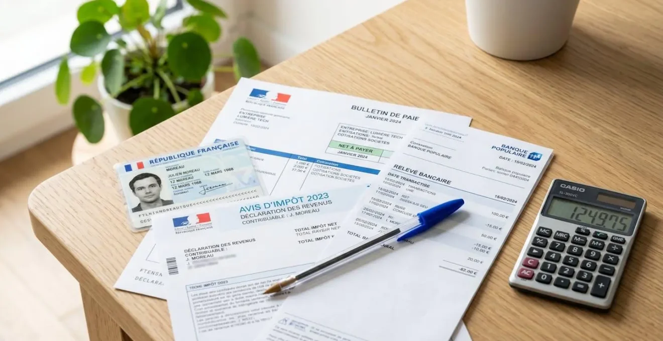 Vue du dessus d'un bureau en bois clair avec des documents administratifs soigneusement organisés, stylo bleu, calculatrice et plante verte en arrière-plan