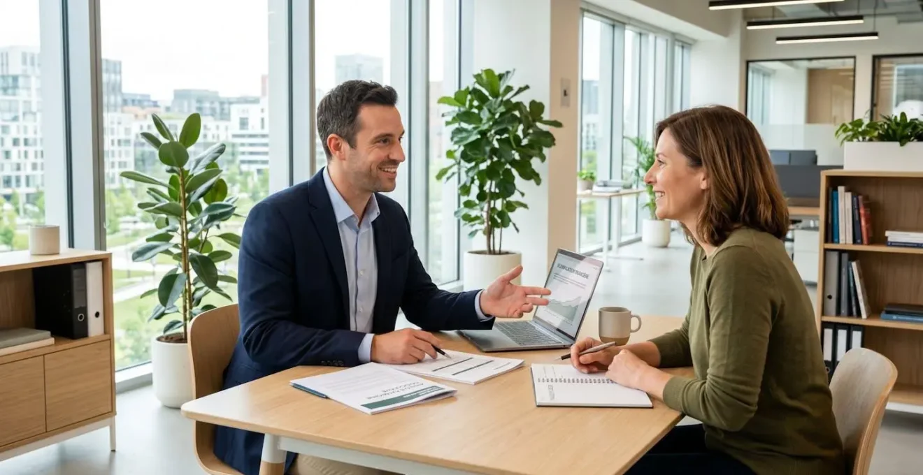 Professionnel en chemise claire et client en discussion autour d'une table de bureau moderne avec documents et ordinateur portable ouvert