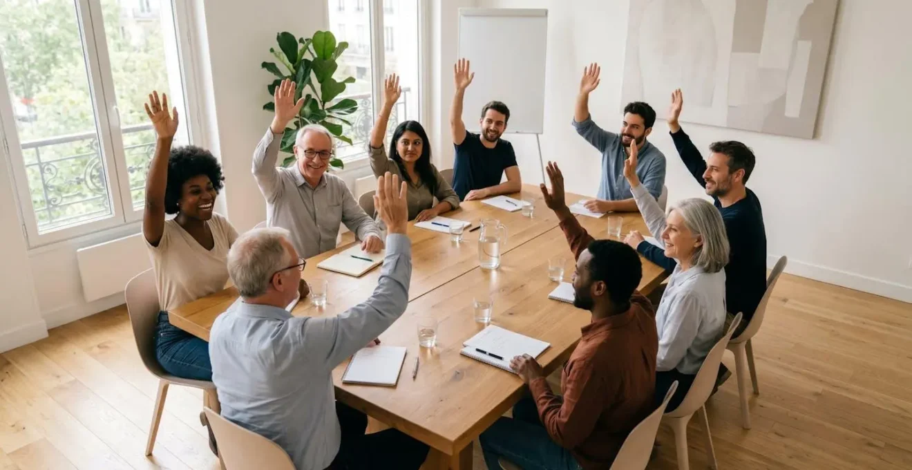 Vue en plongée légère d'une salle de réunion où plusieurs personnes lèvent la main pour voter, ambiance participative et lumineuse