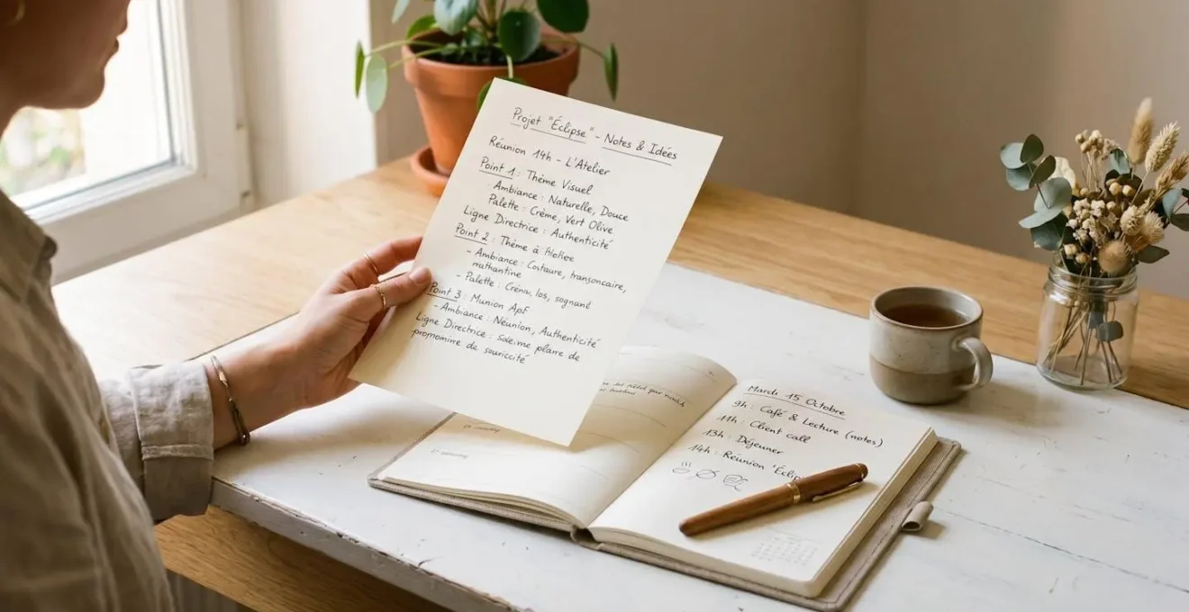 Une main tient une feuille sur laquelle figurent des annotations manuscrites à côté d'un agenda ouvert, dans un environnement de bureau clair et épuré