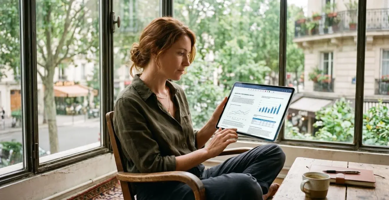 Une personne en tenue décontractée consulte des documents financiers sur une tablette lumineuse, assise près d'une grande fenêtre avec vue sur un espace vert urbain