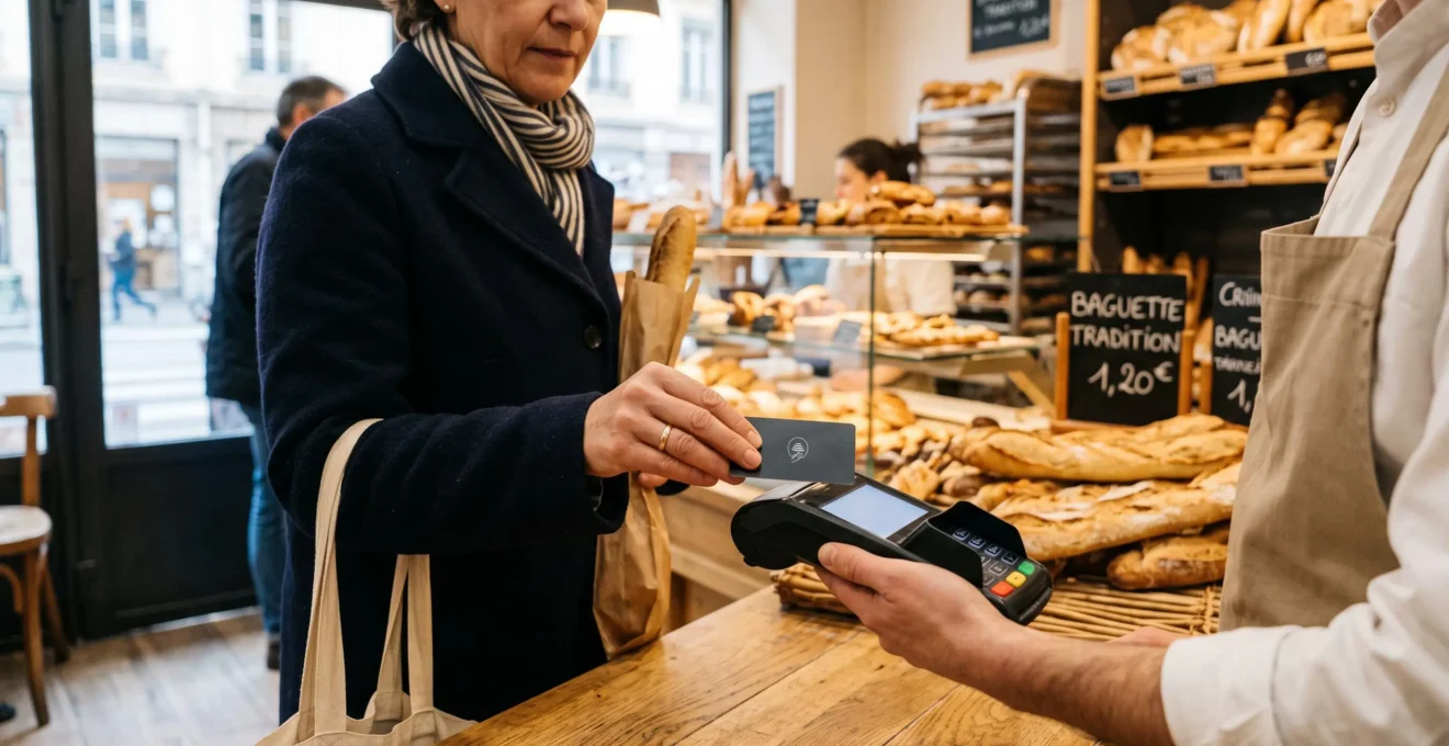 Personne effectuant un paiement sans contact avec sa carte bancaire sur un terminal de paiement dans un commerce