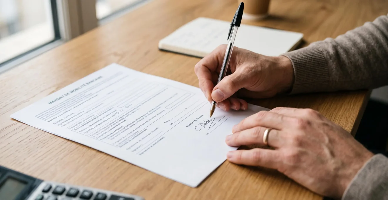 Gros plan sur des mains signant un document administratif bancaire avec un stylo