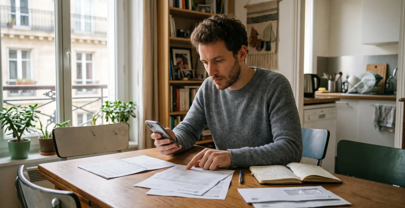 Personne assise à une table de salon organisant des documents bancaires tout en consultant son smartphone pendant sa transition bancaire