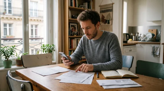 Personne assise à une table de salon organisant des documents bancaires tout en consultant son smartphone pendant sa transition bancaire