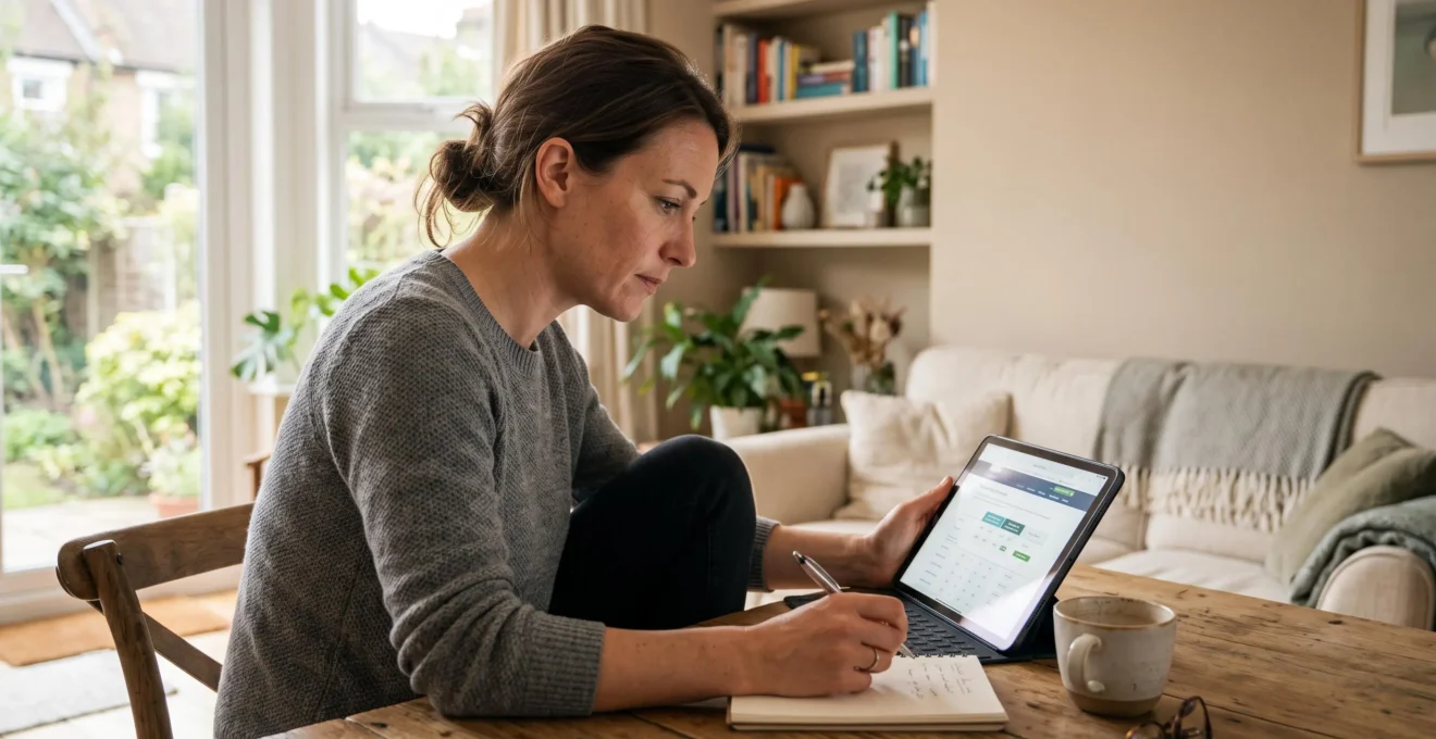 Person comparing online banking offers on a tablet while taking notes at home