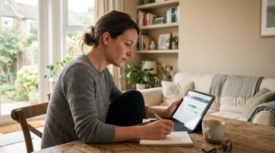 Person comparing online banking offers on a tablet while taking notes at home