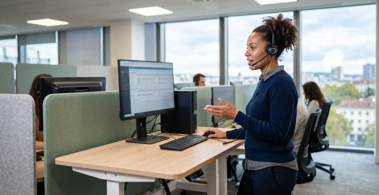 Customer service advisor assisting a client in an online banking call center