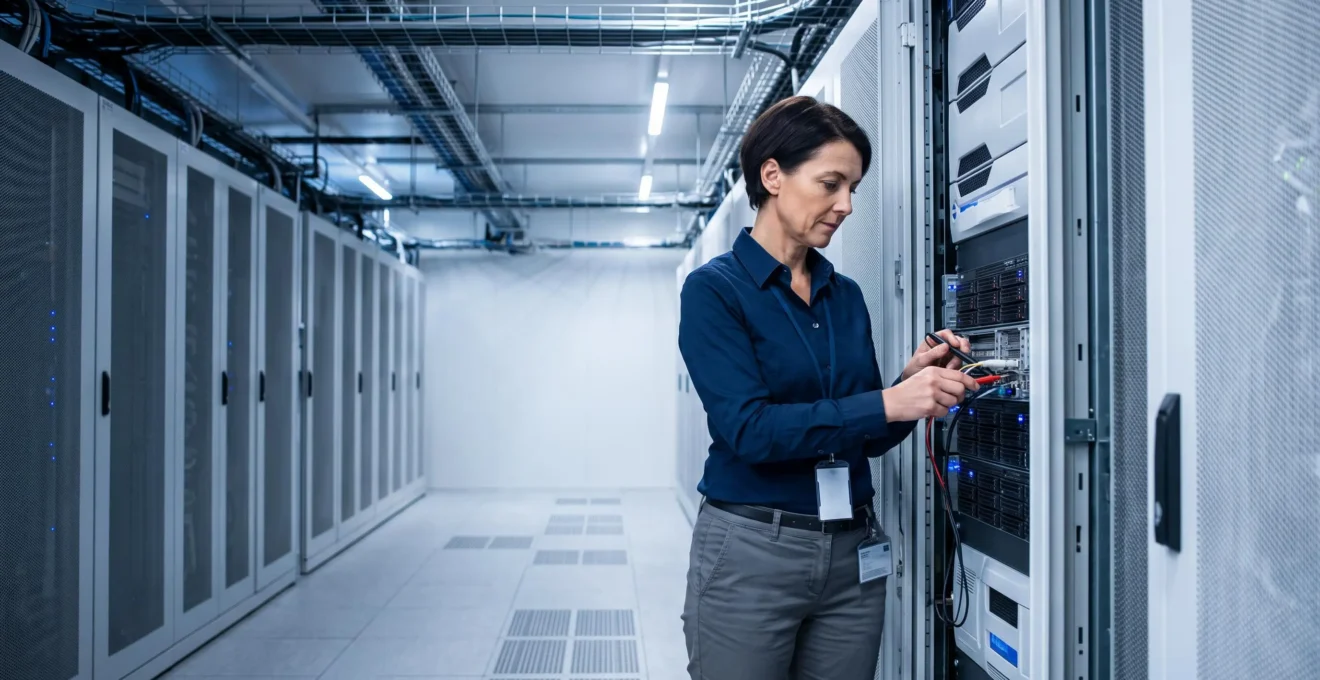 Cybersecurity professional inspecting server infrastructure in a banking datacenter
