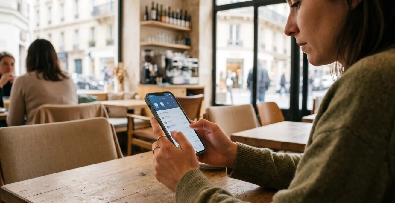 Person using a mobile banking app on smartphone in a café